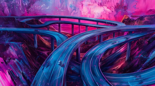 A painting of a highway with many curves and twists