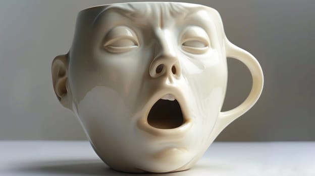 A white ceramic mug with a face on it sitting in front of the table