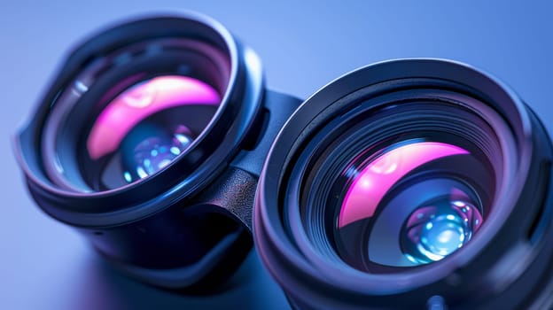 A pair of binoculars with pink and blue lights on them