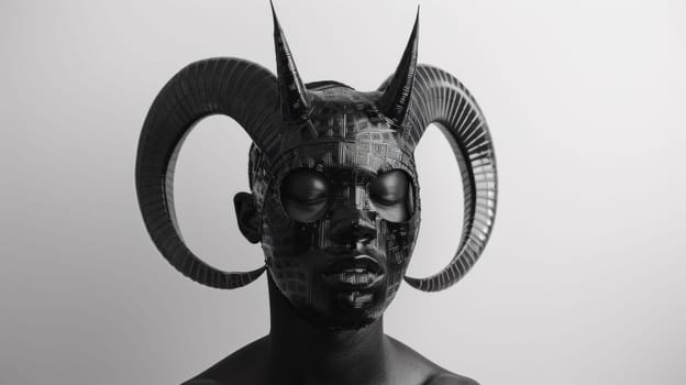 A black and white photo of a sculpture with horns on it