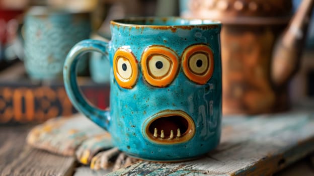 A blue mug with eyes and a mouth on it sitting next to some other items