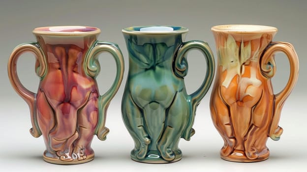 Three different colored vases with three figures on them
