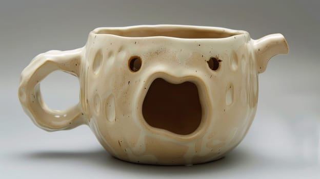 A ceramic teapot with a face on the side of it