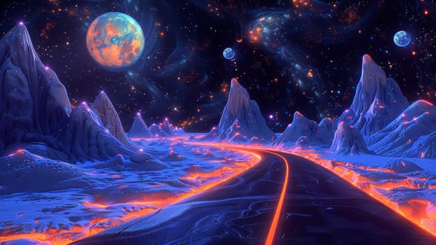 A futuristic landscape with a road leading to the moon