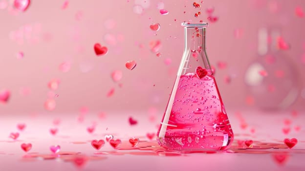 A bottle of liquid with hearts floating in it on a pink background