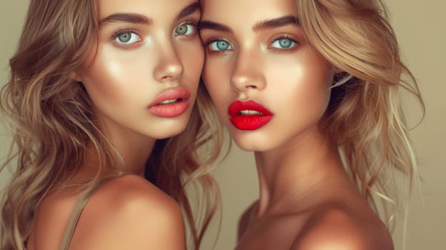 Two beautiful women with red lips and long hair posing for a picture
