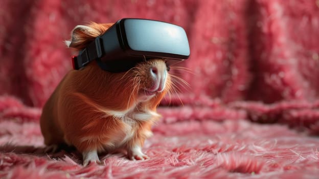 A guinea pig wearing a virtual reality headset on top of pink fur