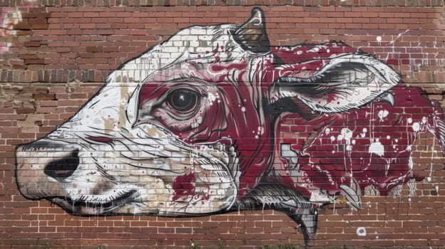 A large painting of a cow on the side of an old brick building