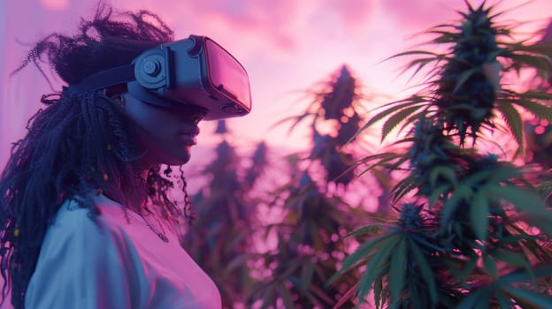 A woman with a vr headset looking at plants