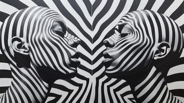 Two black and white portraits of two people kissing each other