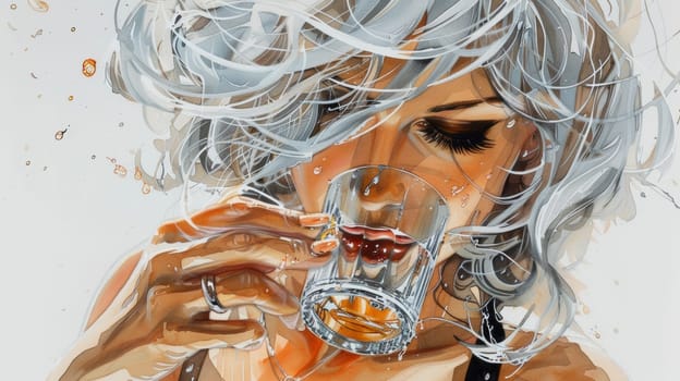 A woman with white hair drinking from a glass of water