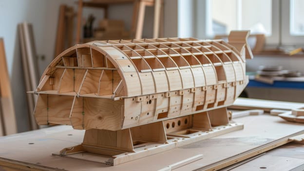 A wooden model of a boat on top of wood table