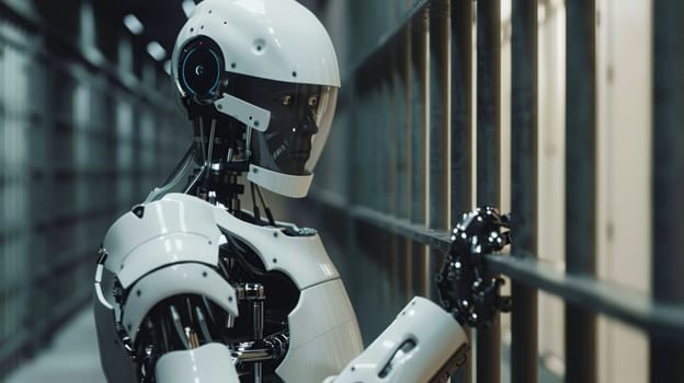 A robot is standing in a jail cell with bars