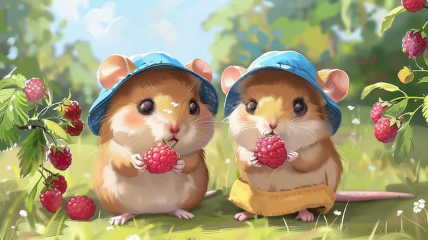 Two mice are eating raspberries in the grass