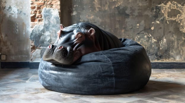 A large stuffed hippo sitting on a bean bag chair