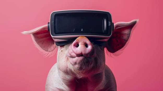 A pig with a vr headset on its head looking at the camera