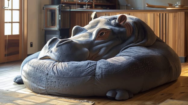 A large hippo shaped pillow sitting on the floor in a room