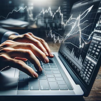 A close-up image of a persons hands typing on a laptop keyboard while actively engaged in stock trading, with a stock market chart displayed on the laptop screen.