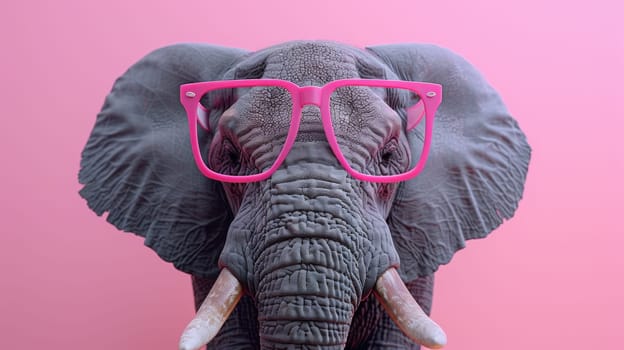 A close up of an elephant wearing pink glasses on its face