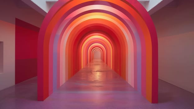 A long hallway with a bunch of colorful arches in it