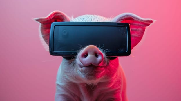 A pig wearing a pair of virtual reality glasses on its head