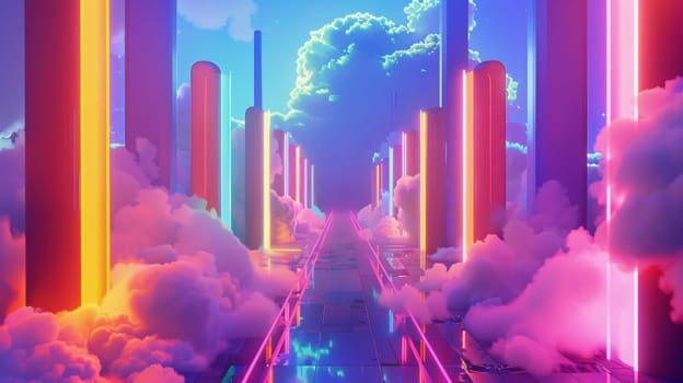 A futuristic city with neon lights and clouds in the sky