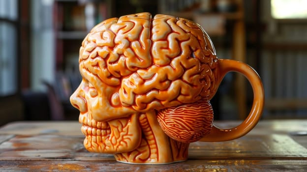 A coffee mug with a brain shaped design on the side