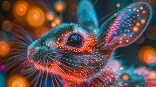 A close up of a rabbit with colorful dots on it