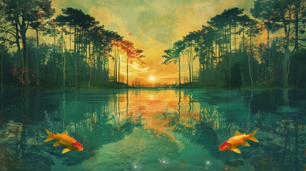 Two fish swimming in a lake at sunset with trees behind them