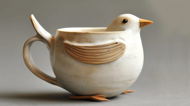 A white ceramic bird shaped cup with a handle on top