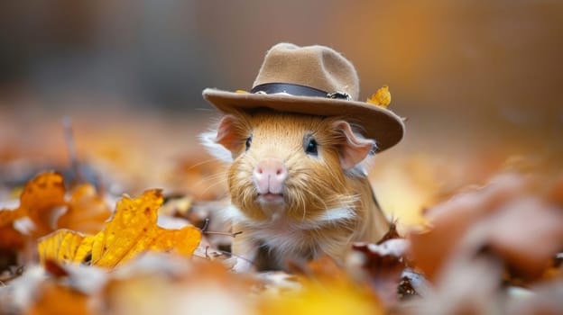A small brown and white guinea pig wearing a hat in the leaves