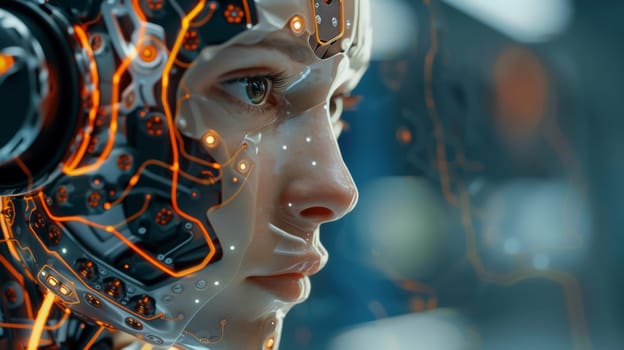 A close up of a woman's face with glowing orange wires