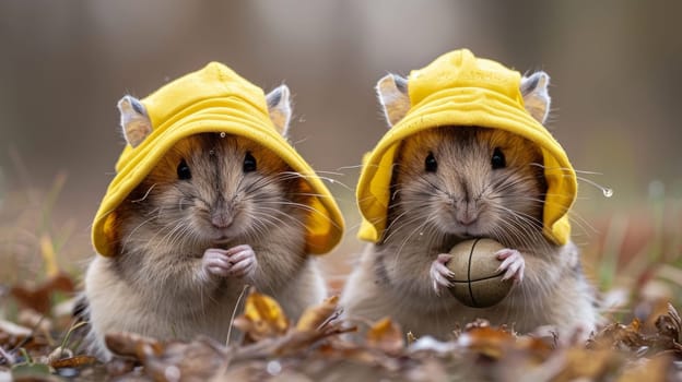 Two hamsters wearing yellow hoods and holding a ball