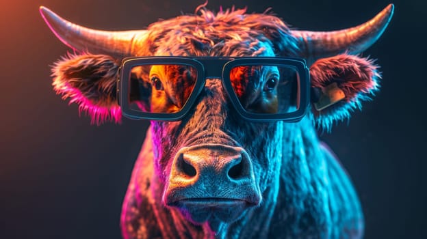 A bull wearing sunglasses with a colorful background