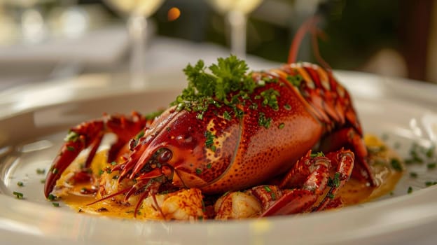 A lobster is sitting on a plate with some sauce