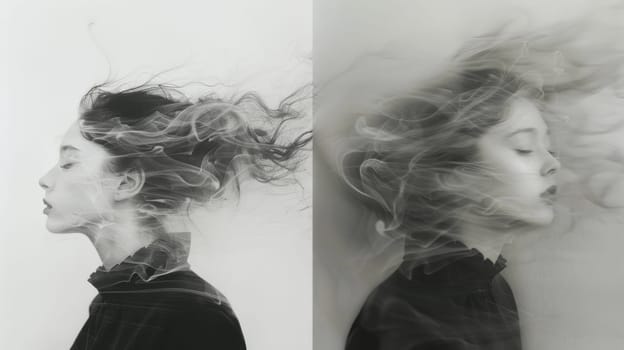 Two pictures of a woman with smoke coming out her hair