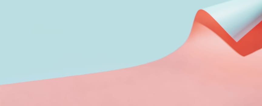 Pink and blue curved paper pastel background with shadows. Long horizontal banner. Copy space for text or empty place for design.