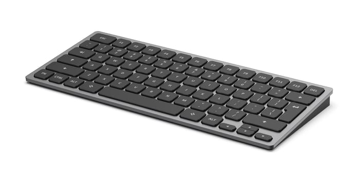 Wireless aluminum keyboard with black buttons on white background
