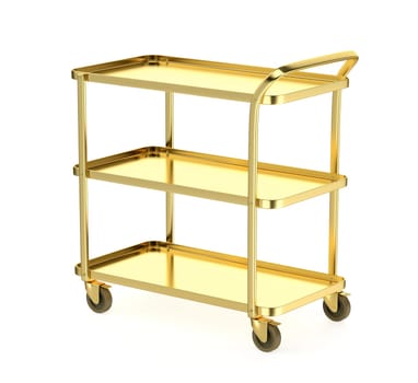 Empty gold food serving cart on white background