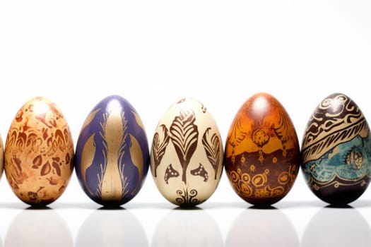 Colorful five eggs on white background. Generated AI.