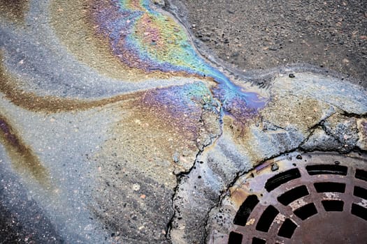 The oil slick on the asphalt road is contributing to water pollution as it drains into the storm drain