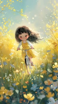 A young girl happily rides her bike through a field of colorful flowers and lush green grass, surrounded by the beauty of nature under the warm sunlight