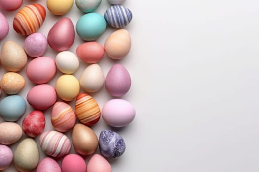 Eggs painted in pastel colors on a white background. Empty space. Generated AI.