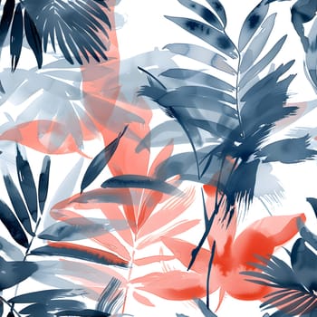 A vibrant painting featuring palm leaves and flowers in orange hues on a white background, showcasing a beautiful pattern of terrestrial plants and colorful petals