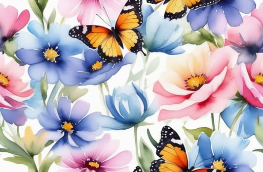 Watercolor drawing of beautiful nature with flowers and butterflies. AI generated.