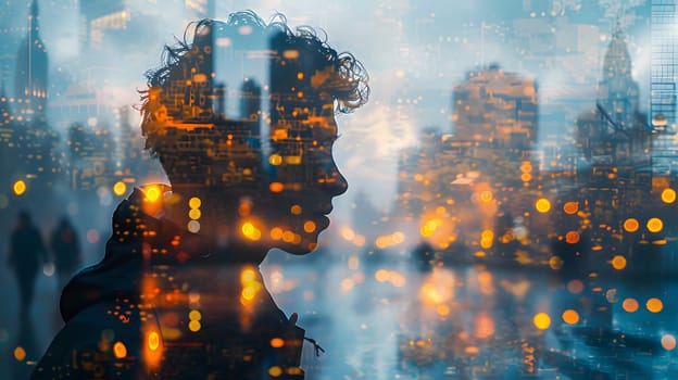 A unique double exposure of a man against a city skyline with water, clouds, heat, gas, and towering blocks, creating a world of flames and geological phenomena in the urban setting