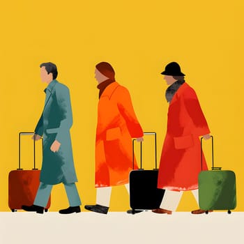 Three figures strolling with luggage in an artistic setting. The yellow background is a bold choice, complementing the interaction between art and movement