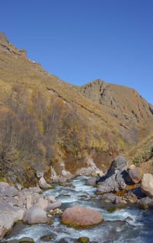 Scenic view of trees and river in the mountains in autumn.