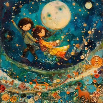 An illustration of a boy and a girl soaring in the air, surrounded by electric blue liquid and circle patterns. The painting captures a dreamlike moment of freedom and whimsy