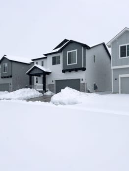 The scene depicts a suburban tranquility with homes lining a street blanketed in snow, punctuated by a cleared path that weaves through the winter wonderland. The overcast sky promises more snow, creating a hushed atmosphere over the neighborhood.